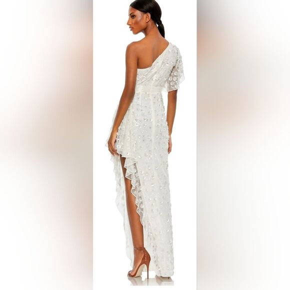 Mac Duggal 93687 One Shoulder Beaded Gown with Asymmetrical Hem NWT Sz 4 White - Picture 2 of 7